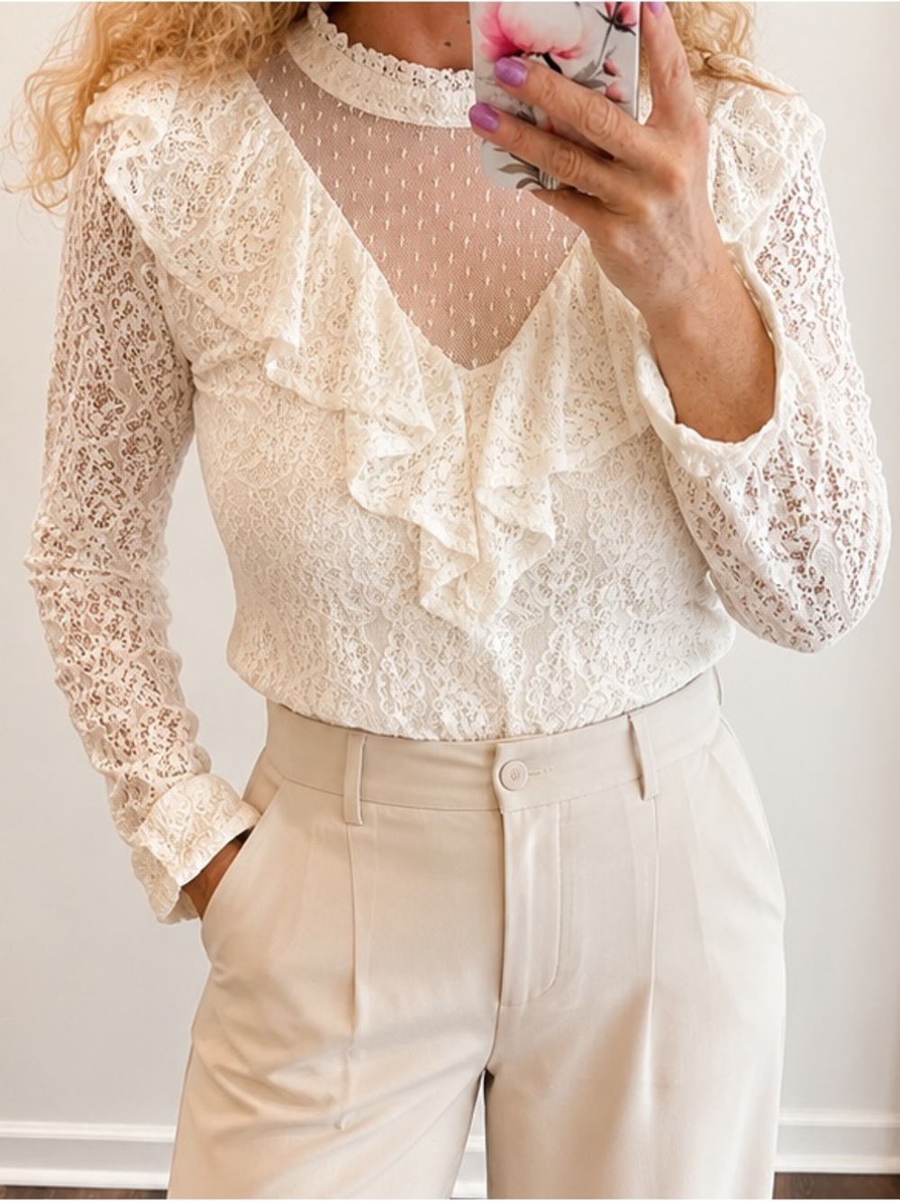 Embossed Ruffle Lace Blouse White Size Medium Long Sleeves High Neck